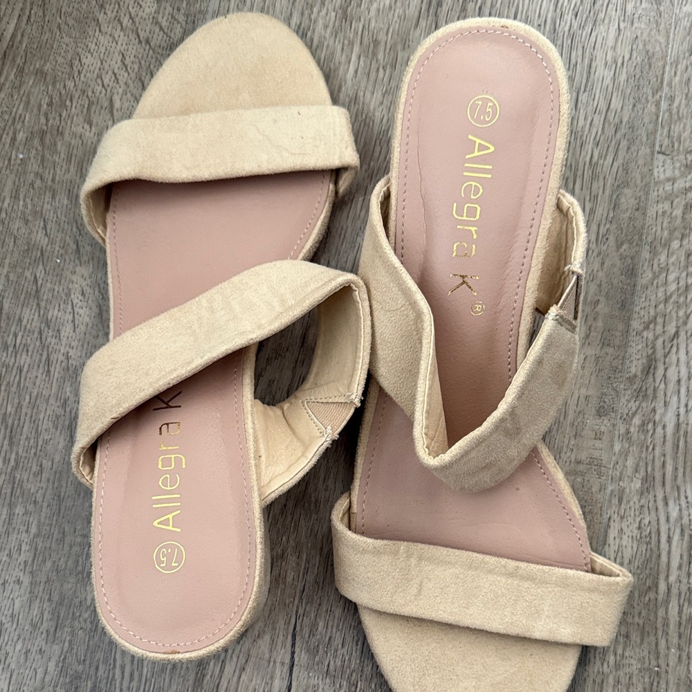 Allegra K Tan Suede-Look Double Strap Slide Mules